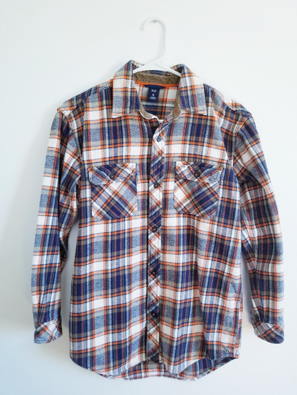 GAP Boy's Plaid Button-Down Flannel Shirt - Navy Blue, Orange & White
